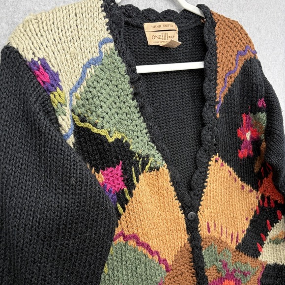 Vintage One Step Up Cardigan Sweater Womens XL Black Hand Knit Patchwork 90s - Picture 3 of 7